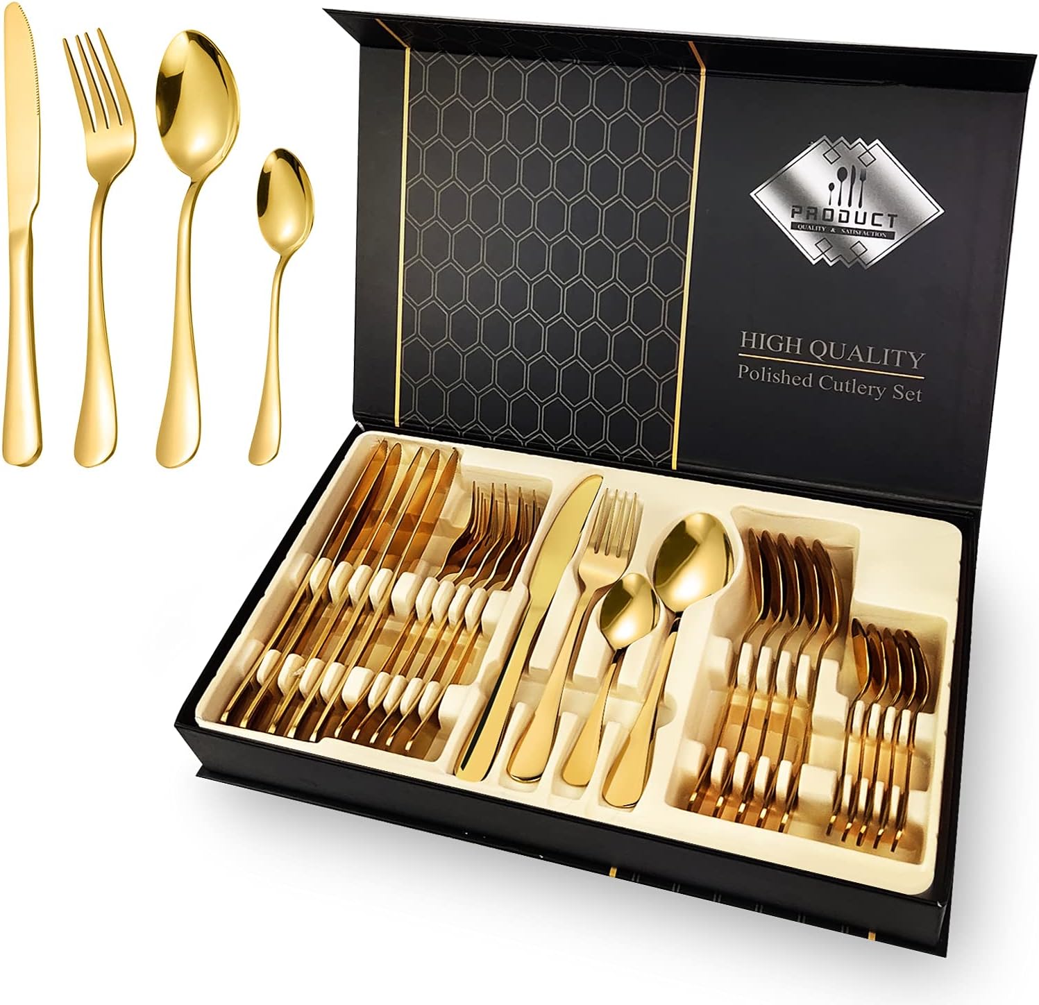 Coffret premium - Set de 24 couverts durables, résistants à la rouille  (Dernières pièces restantes - Stock très limité)
