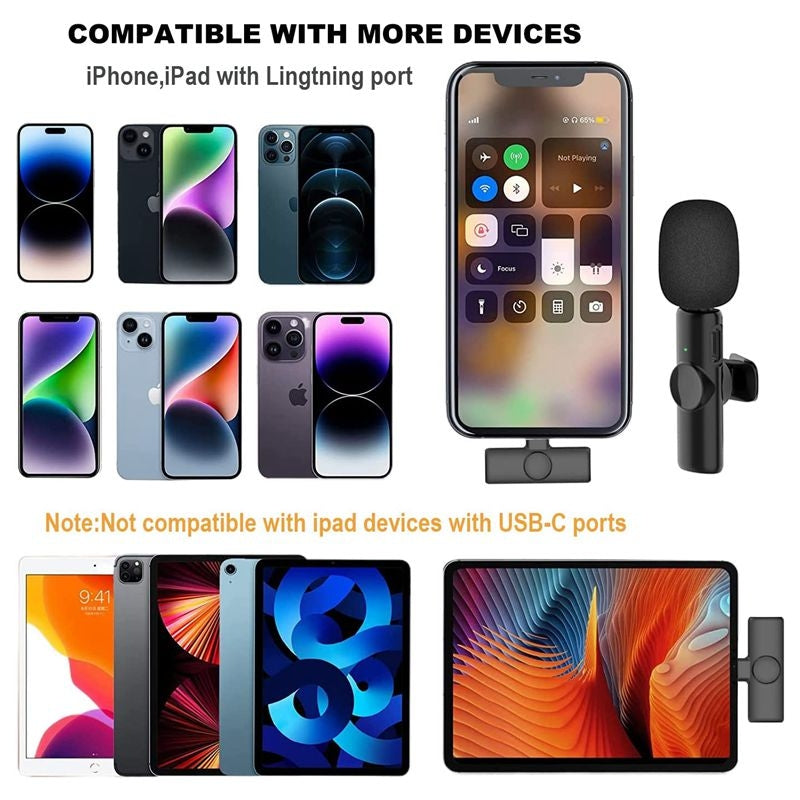 Micro cravate sans fil pour iPhone/iPad/Android pour enregistrement TikTok, YouTube... réduction de bruit  (EN PROMOTION - Stock très limité)